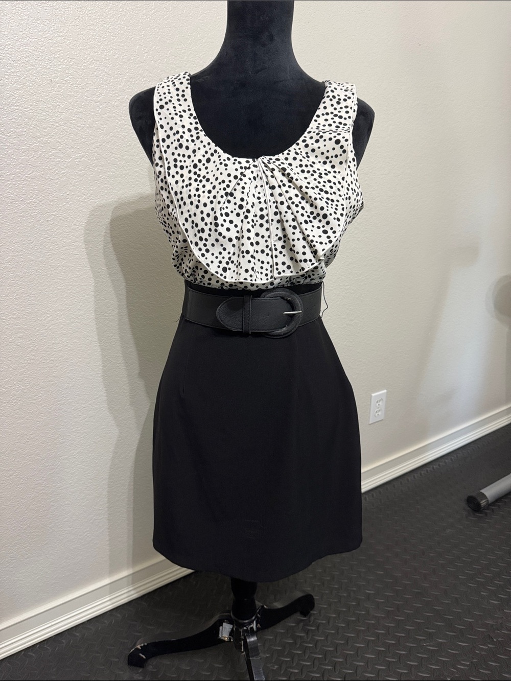 BCX Black Midi Dress with White Polka Dot Bodice